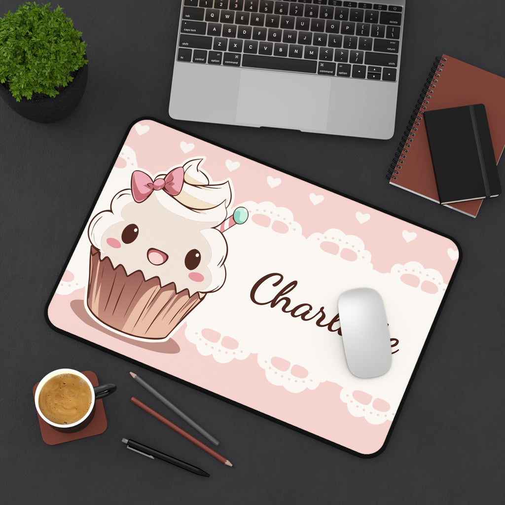 Kawaii Cupcake Desk Mat Personalized, Custom Name Mousepad, Cute Desk Pad, Pink Aesthetic Desk Setup, Kawaii Office Decor