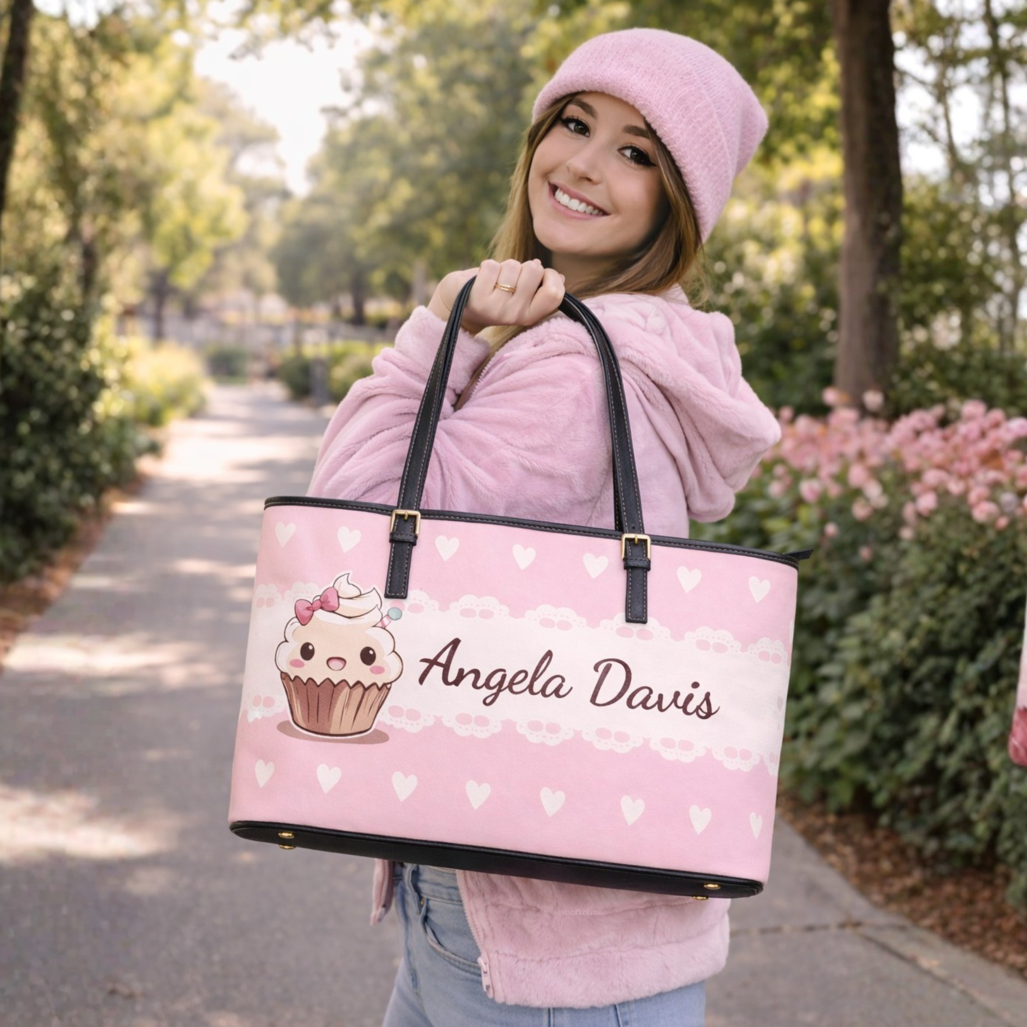 Customizable Kawaii Pink Cupcake Shoulder Bag - Faux Leather Tote