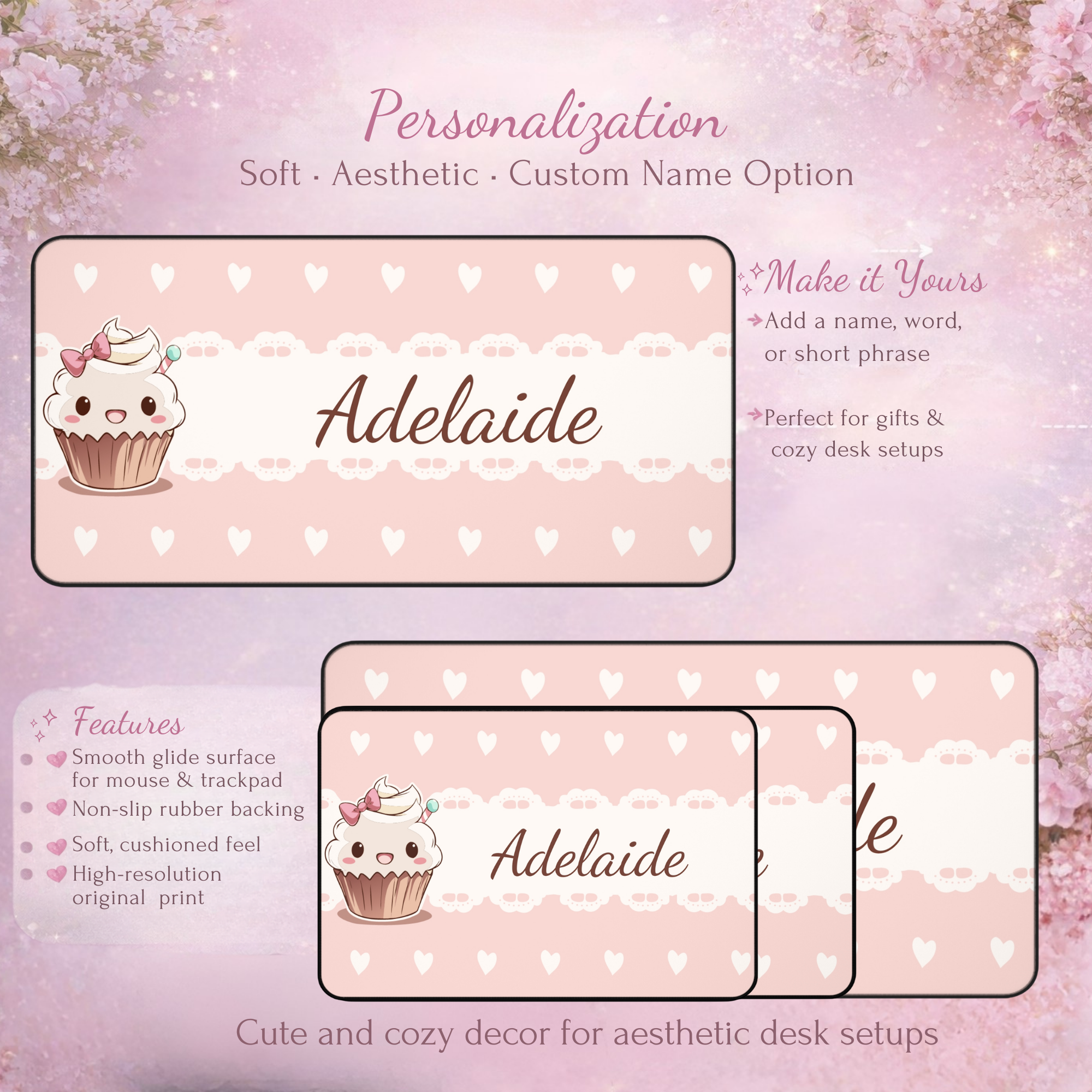 Customizable Pink Kawaii Cupcake Desk Mat