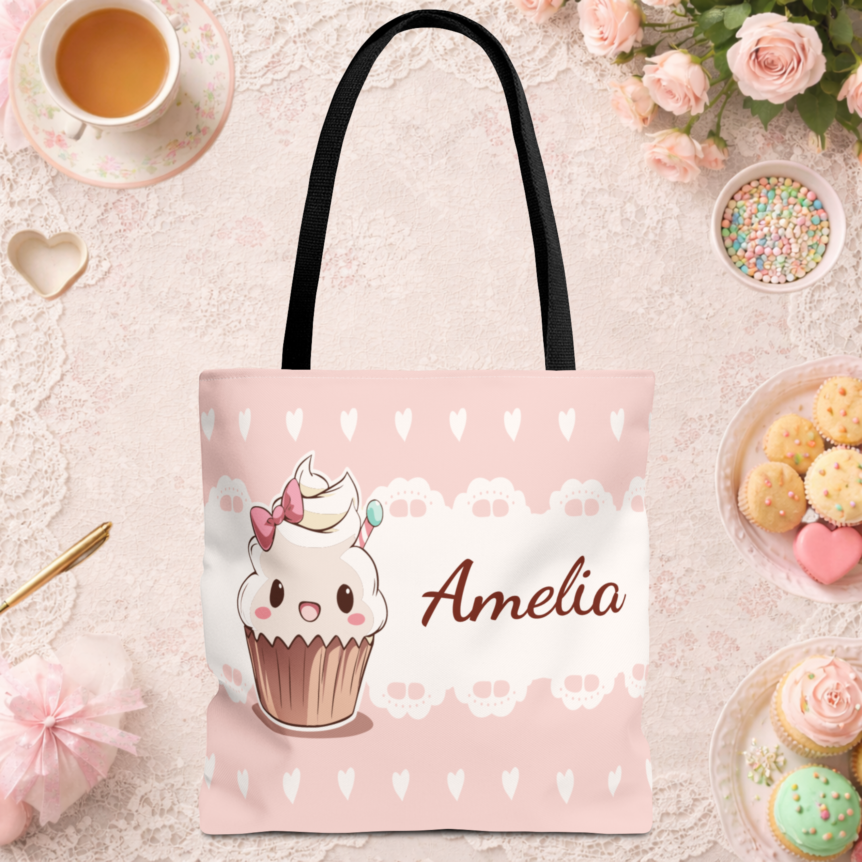 Customizable Kawaii Pink Cupcake Tote Bag Grocery & Gift Bag