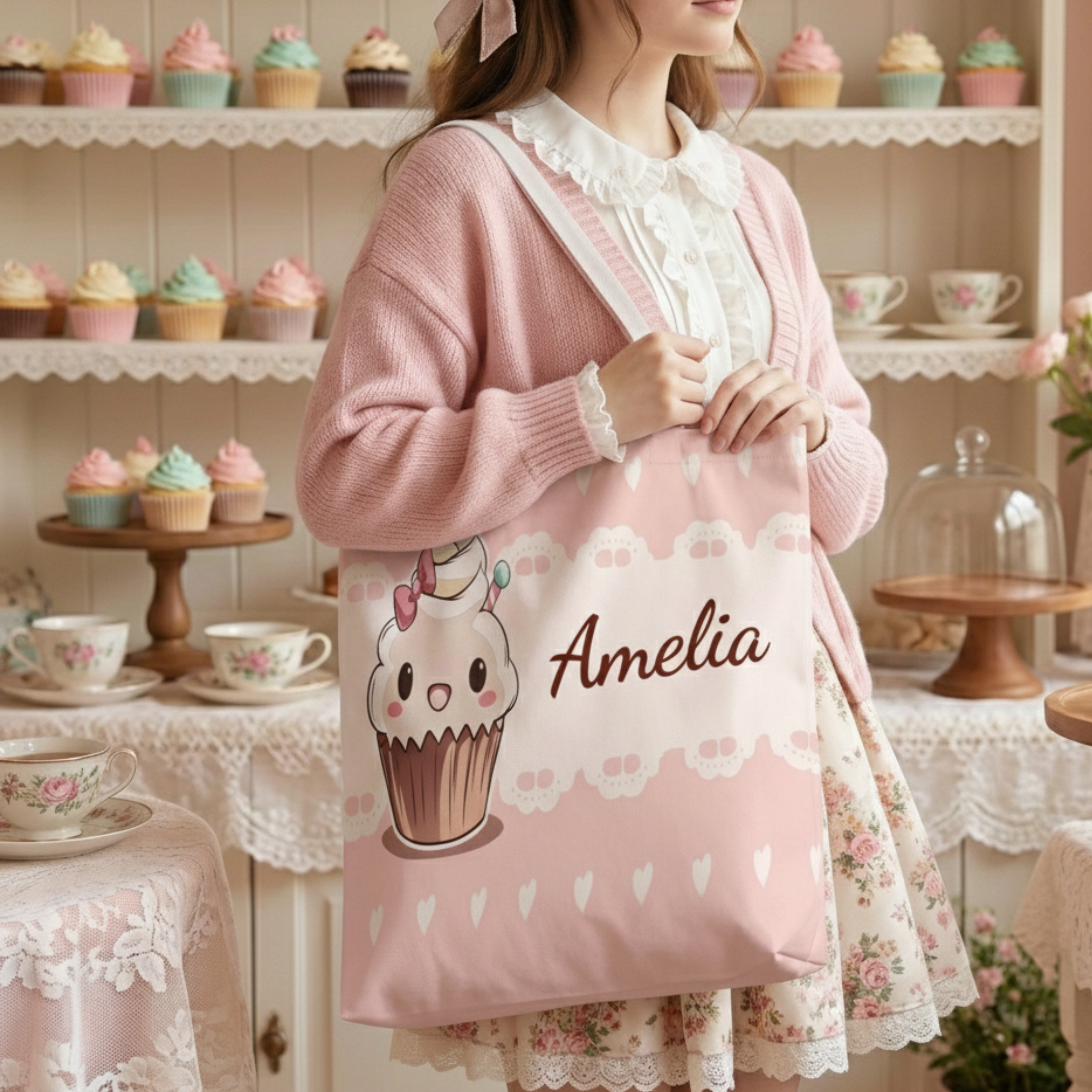 Customizable Kawaii Pink Cupcake Tote Bag Grocery & Gift Bag