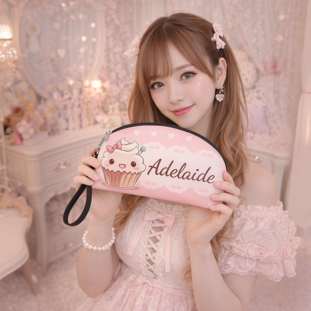 Customizable Pink Kawaii Cupcake Makeup Bag Cute Lace & Heart Cosmetic Pouch