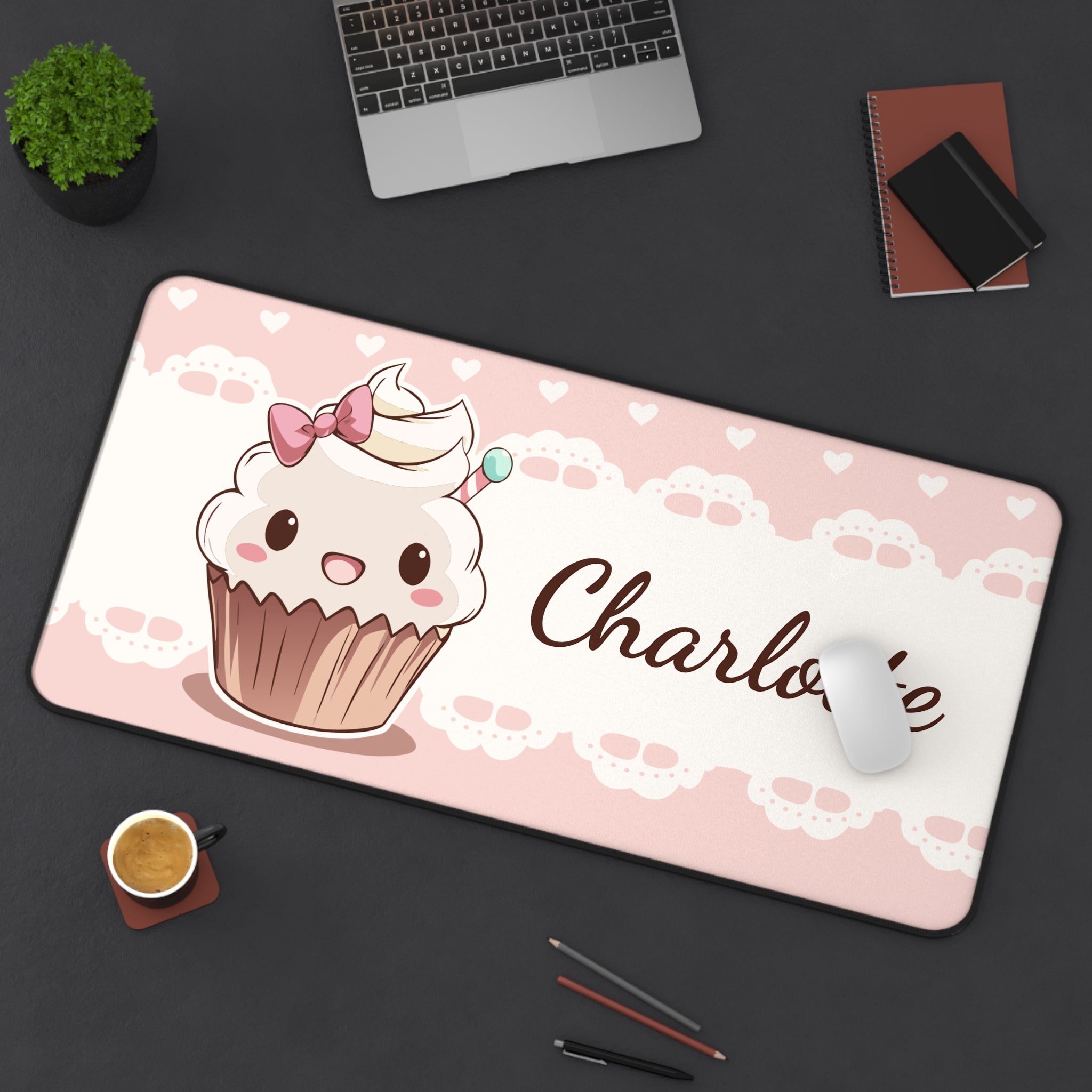 Kawaii Cupcake Desk Mat Personalized, Custom Name Mousepad, Cute Desk Pad, Pink Aesthetic Desk Setup, Kawaii Office Decor