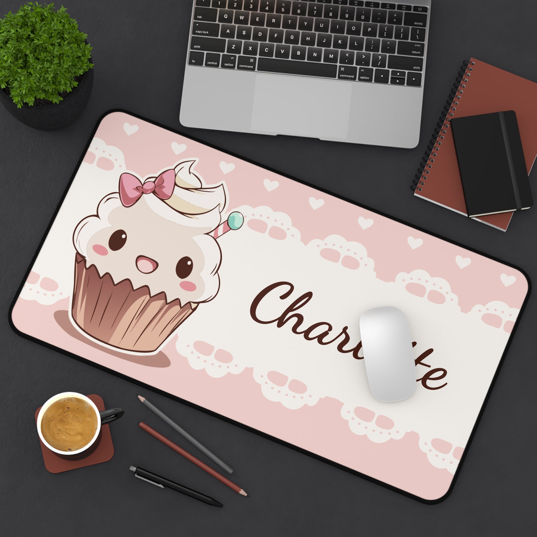 Kawaii Cupcake Desk Mat Personalized, Custom Name Mousepad, Cute Desk Pad, Pink Aesthetic Desk Setup, Kawaii Office Decor