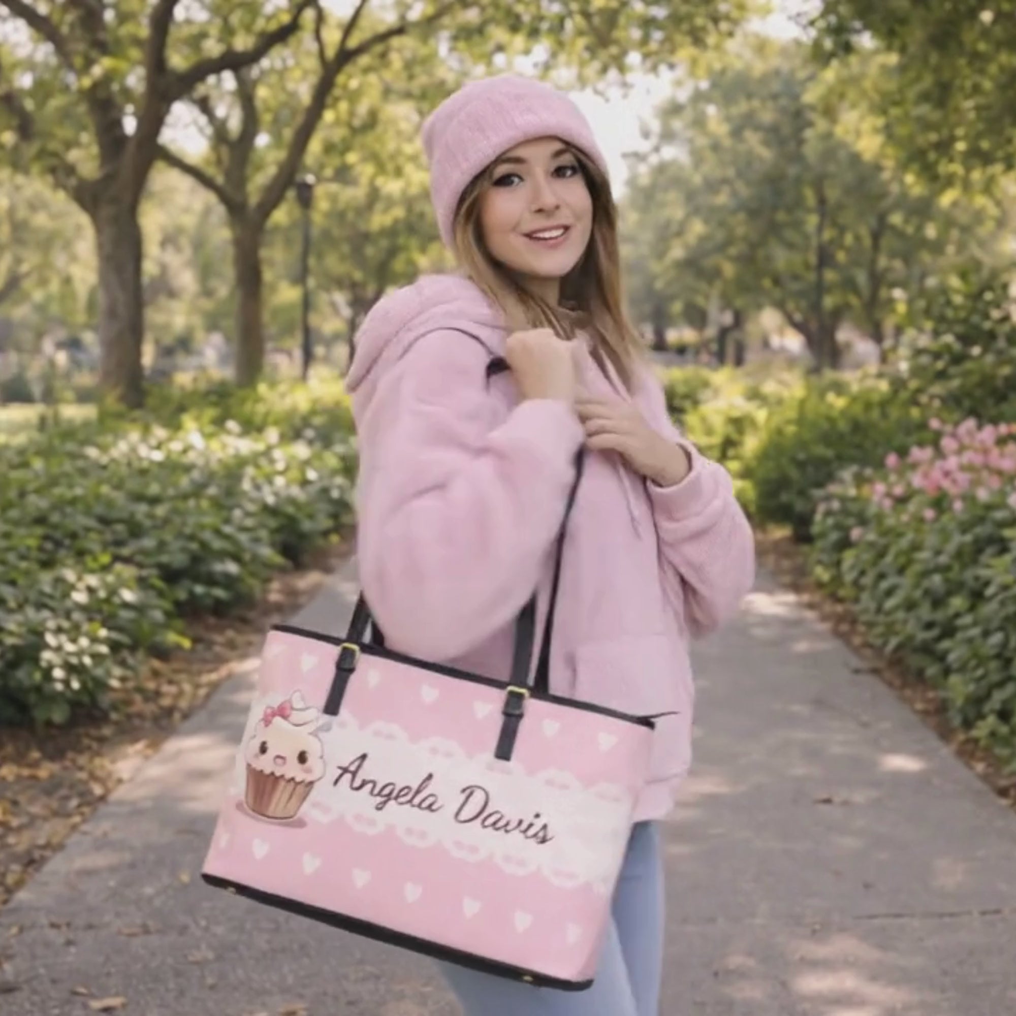 Customizable Kawaii Pink Cupcake Shoulder Bag - Faux Leather Tote